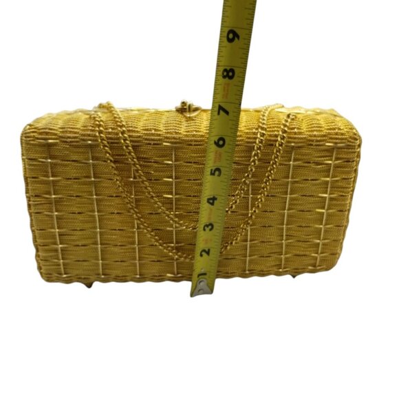 Vintage Gold Metallic Metal Woven Evening Box Purse With Top Clasp & Chain Strap - Picture 10 of 13